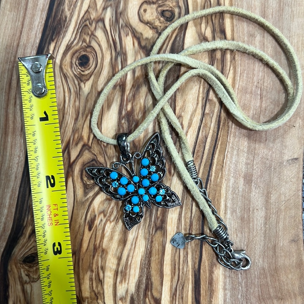 Turquoise, butterfly costume jewelry with leather necklace